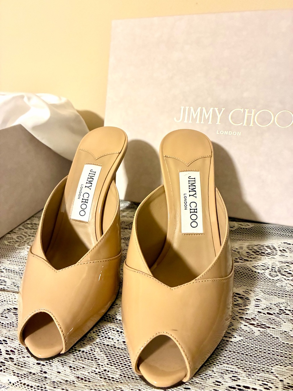 Jimmy Choo Nude Patent Leather Peep-Toe Mules